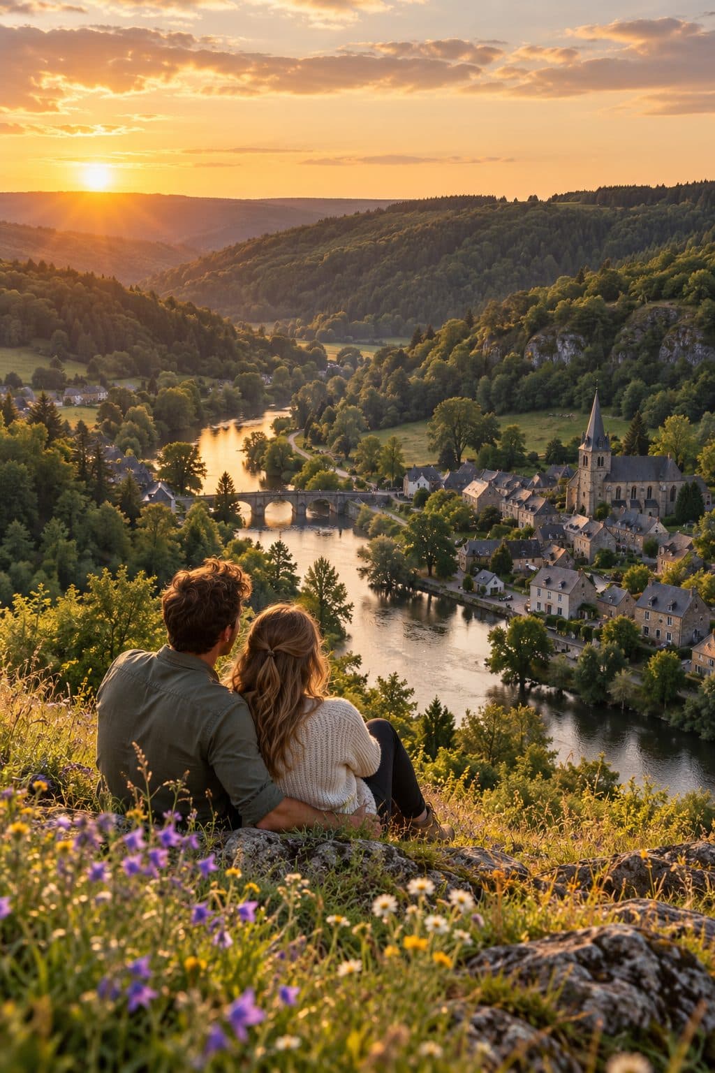 Couple watching the sunset over a river valley and village in the Belgian Ardennes