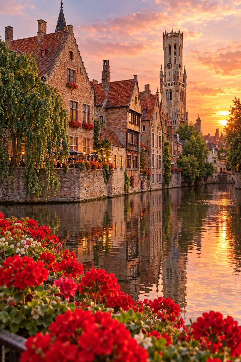 Bruges canal and belfry at sunset with red flowers