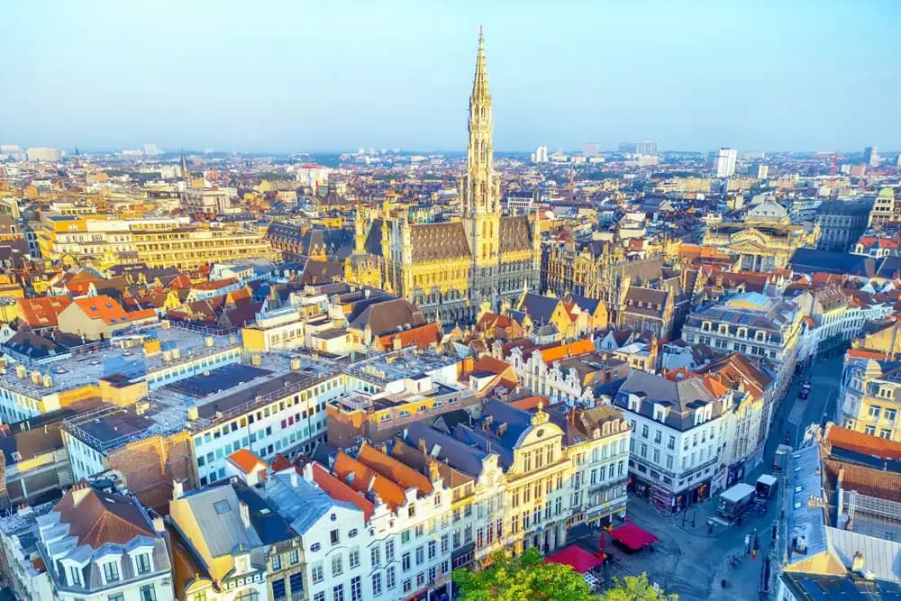 Aerial view over the rooftops of central Brussels with the Town Hall spire
