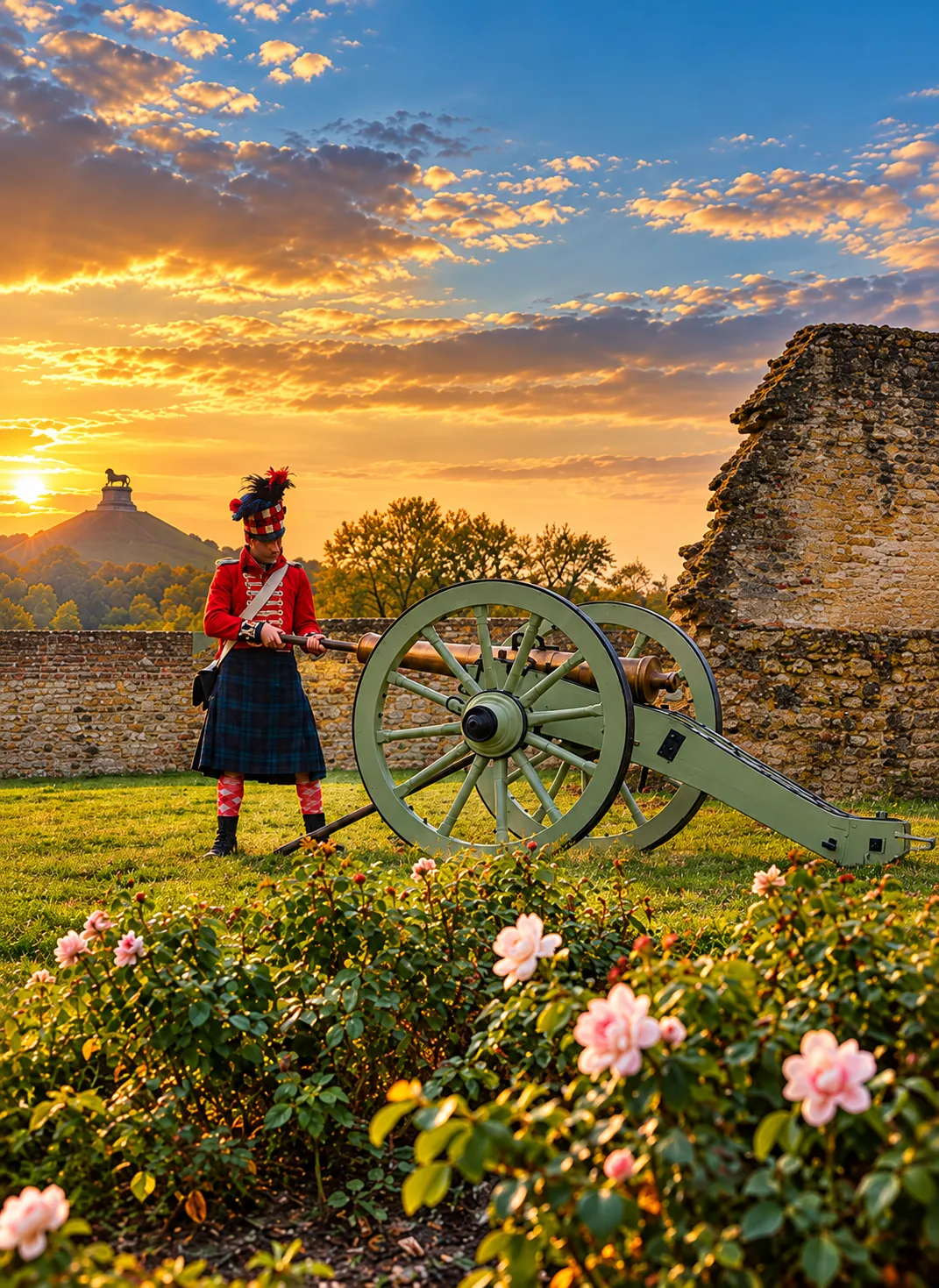 Cannon and a soldier in period uniform at sunset on the Waterloo battlefield