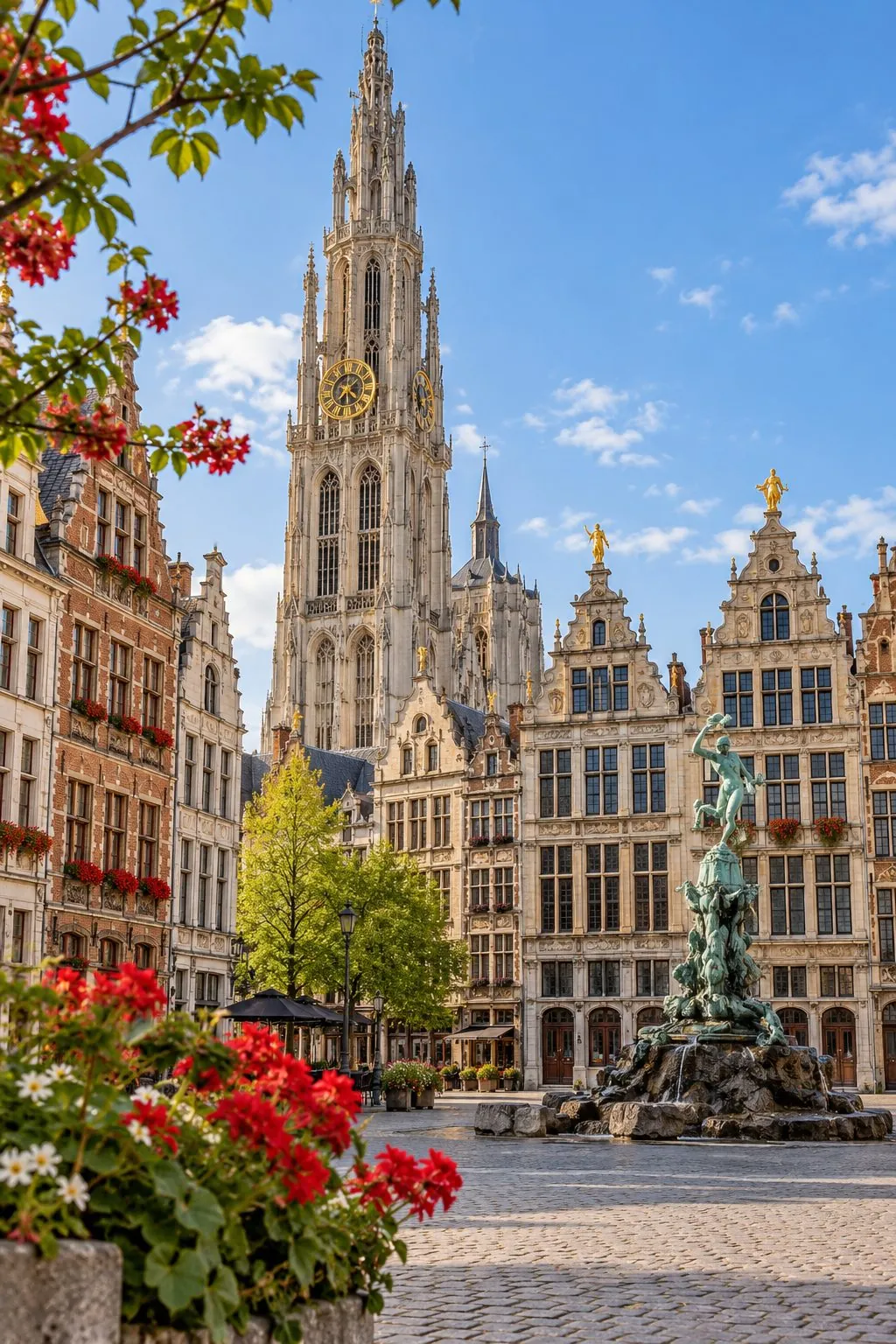 Antwerp Grote Markt with the Brabo fountain and the Cathedral of Our Lady