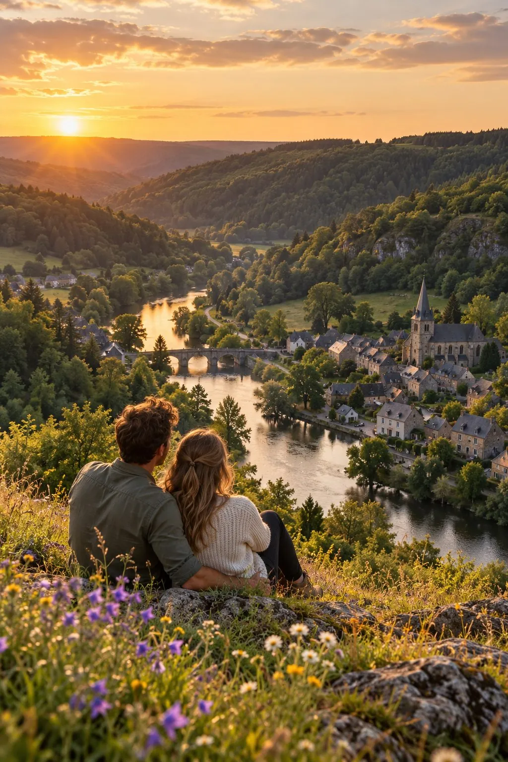 Couple watching the sunset over a river valley and village in the Belgian Ardennes