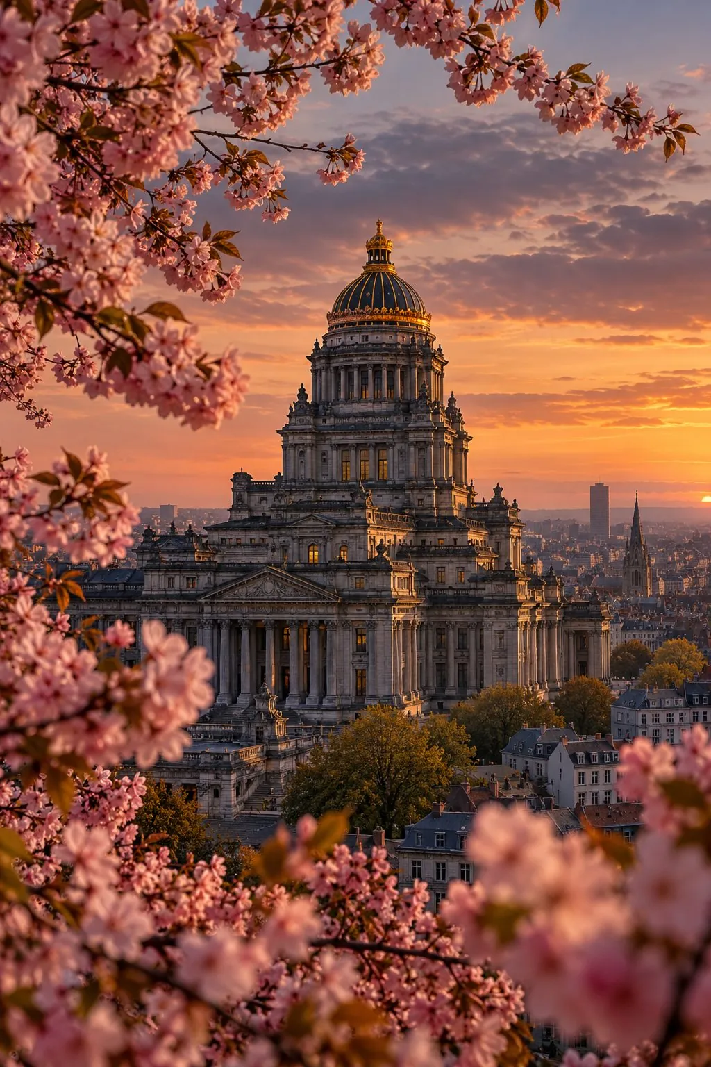 Brussels Palace of Justice at sunset framed by cherry blossom