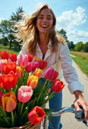 Cycling past tulips on a Holland and Amsterdam day trip