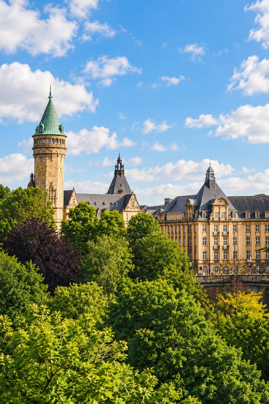 Spuerkeess tower and Luxembourg City old town above the Pétrusse valley